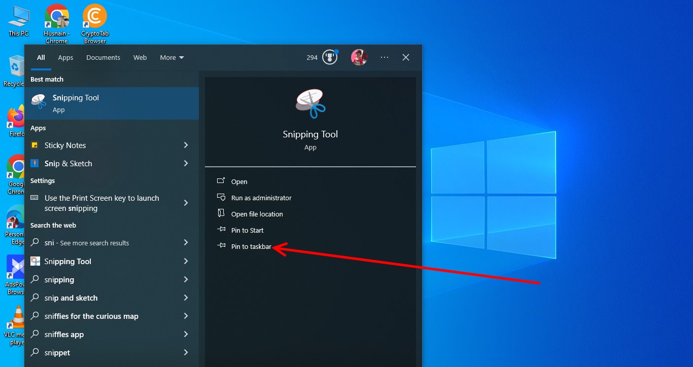 Pin the Snipping Tool to the Taskbar