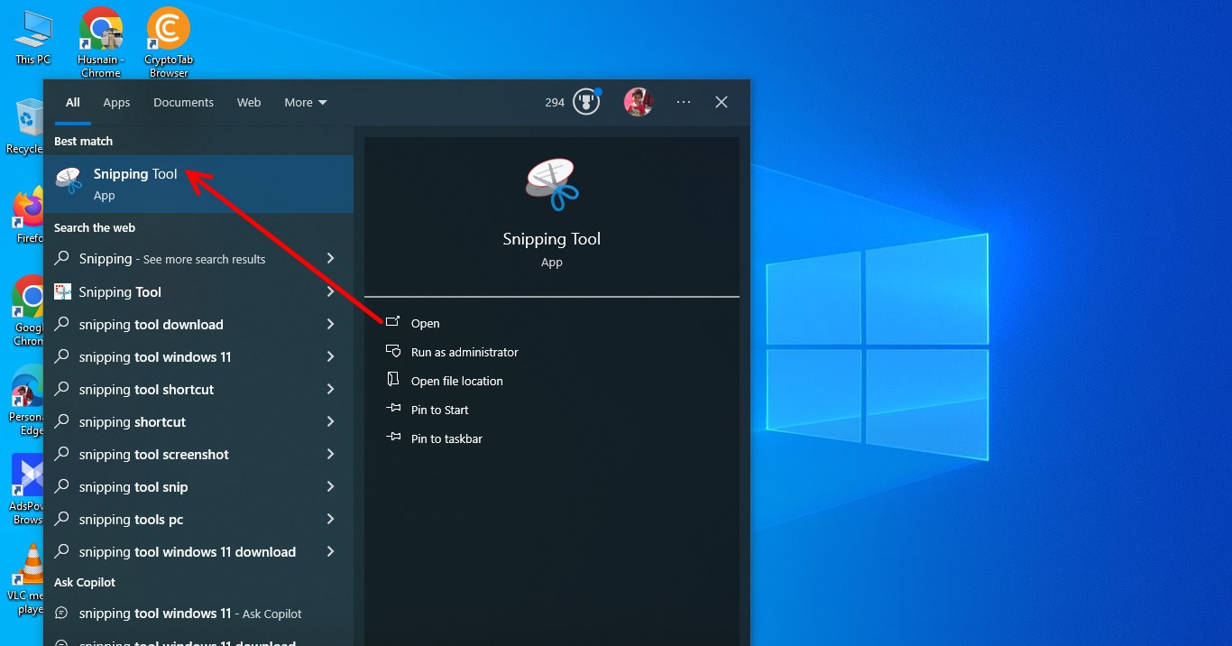 opening Snipping tool through starting menu bar 